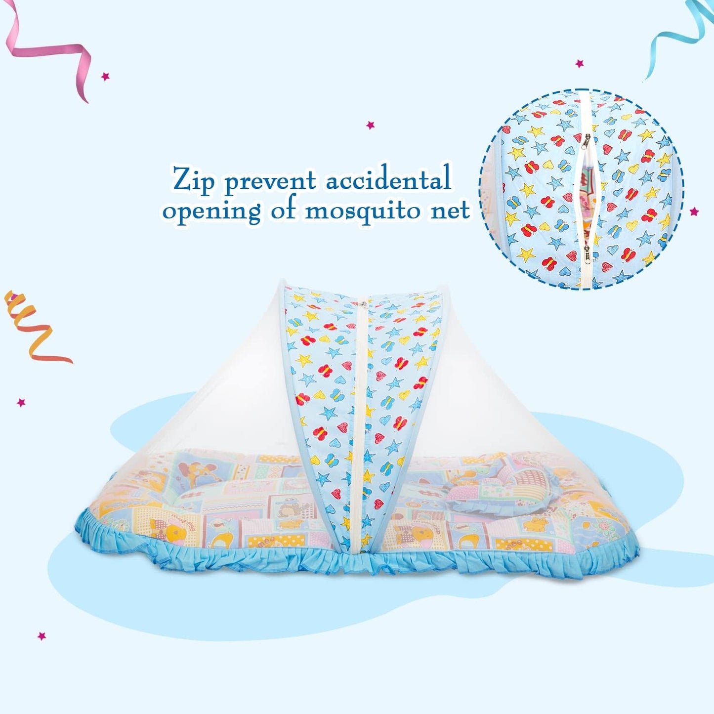 Mee Mee Baby Mattress Set with Mosquito Net, Zip Closure & Neck Pillow, GreenA
