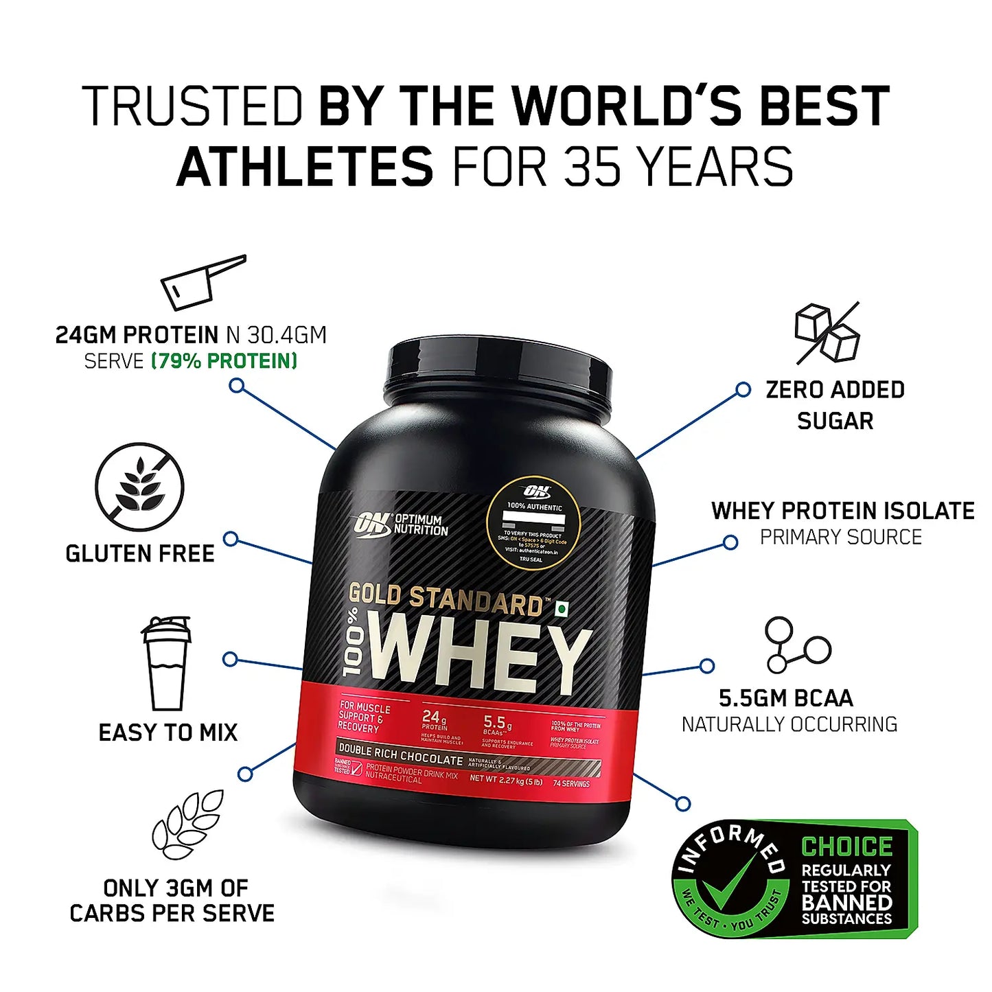 Optimum Nutrition (ON) Gold Standard 100% Whey Protein Powder | 2 lbs (907 g)