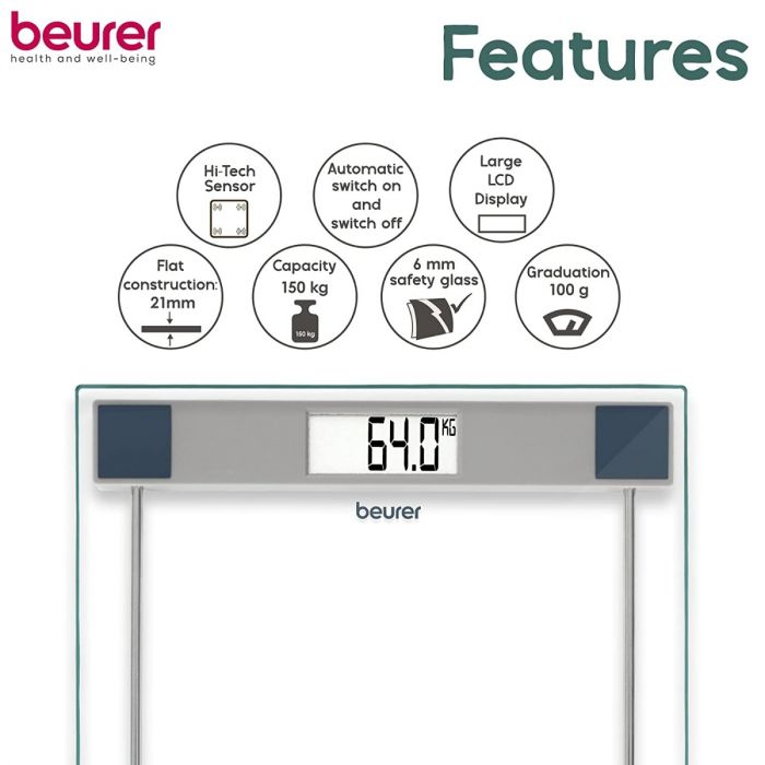 BEURER GS 11 GLASS BATHROOM WEIGHT SCALE WITH TRANSPARENT LCD